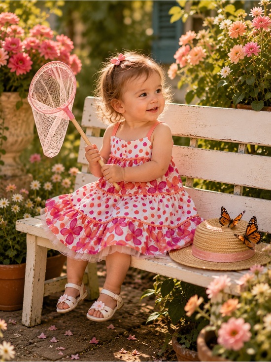 Little Me Other - KIDS Little Me 24M Butterfly Polka Dot Tiered Pink Orange Cotton Dress Tulle Hem